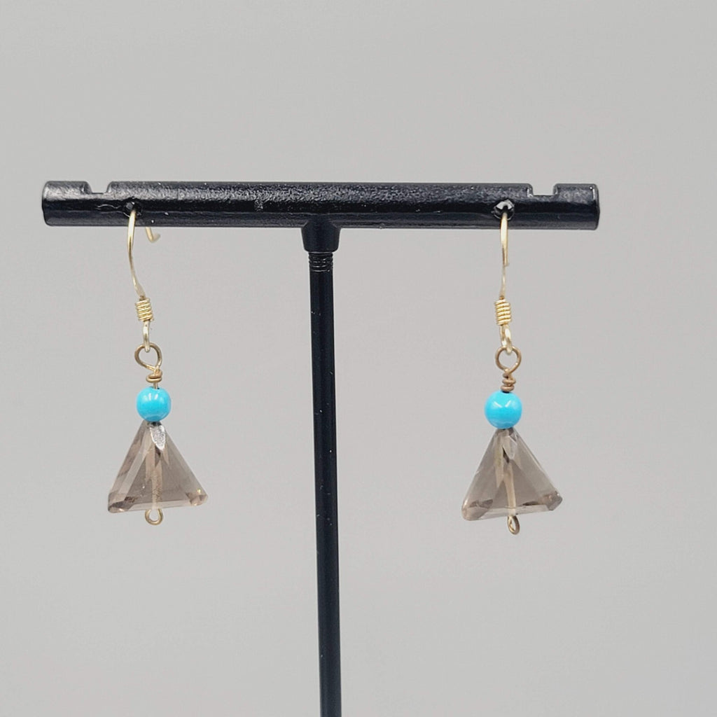 Blue and Triangle Smokey Glass Bead Pierced Earrings Gold tone Dangle 3/4"