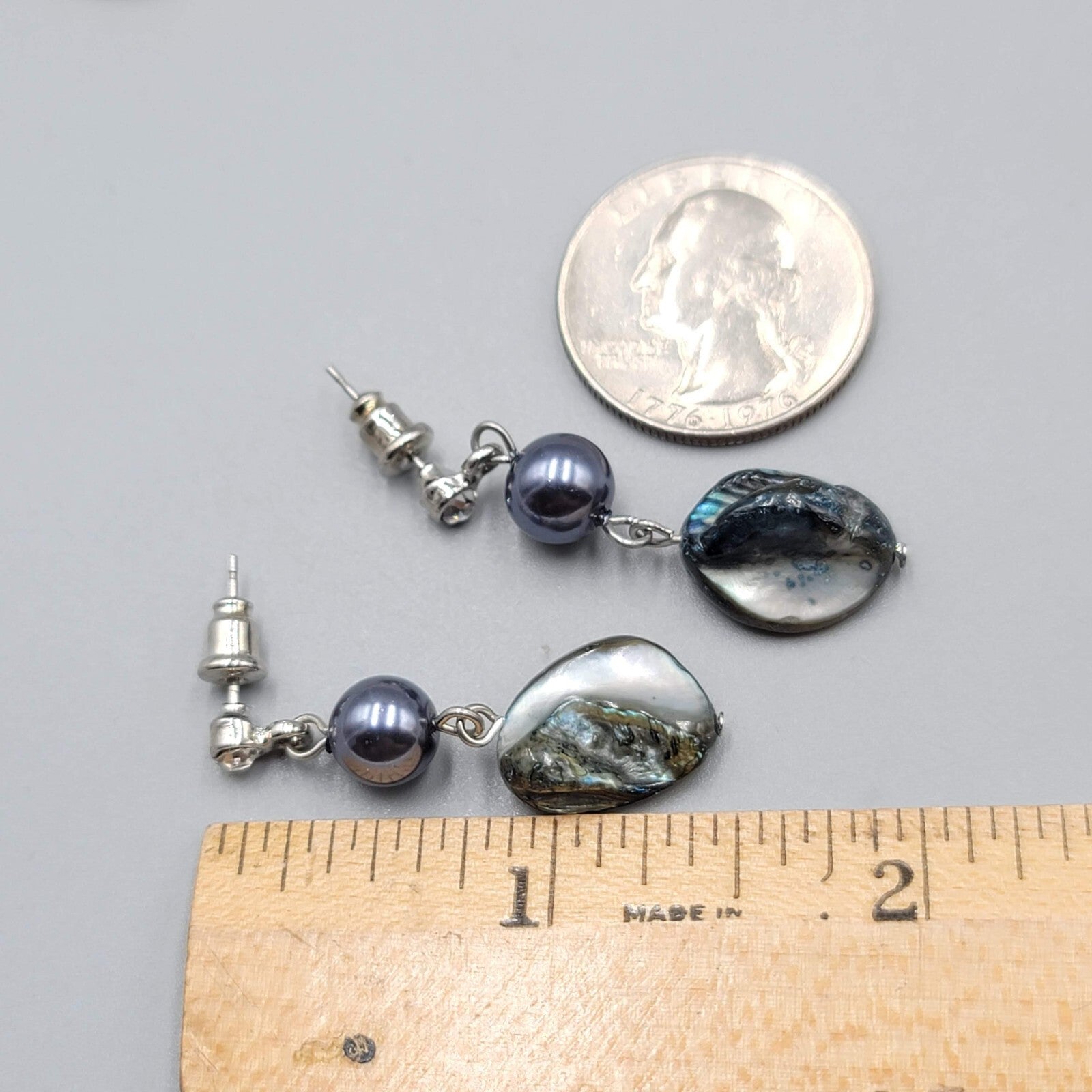 Pearl Blue Shell Pierced Earrings Silver tone Dangle 1.5"