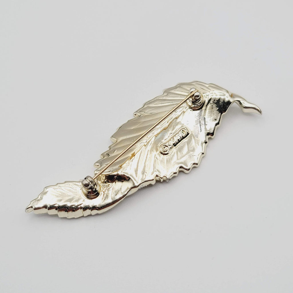 Vintage Sarah Cov Feather Rhinestone Brooch Light Gold tone 3 in