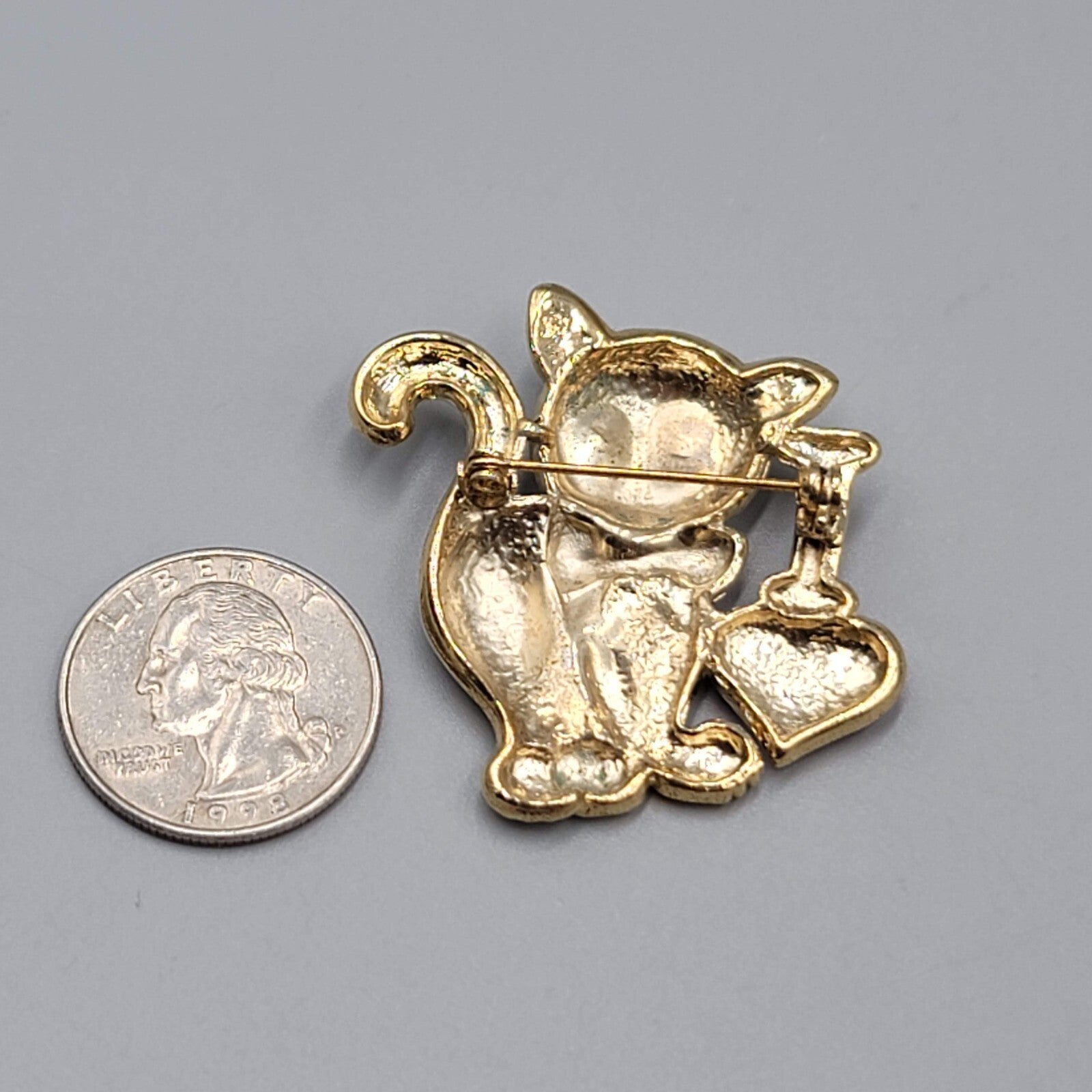 Vintage I Heart Kitty White Cat Brooch Gold tone Enamel 2"