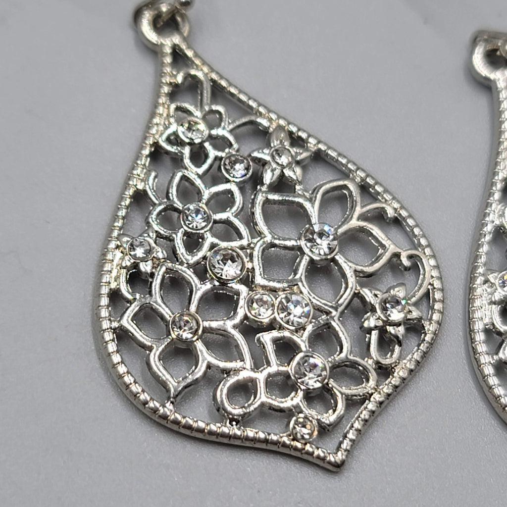 Open Work Rhinestone Pierced Earrings Silver toen Dangle 1.75"