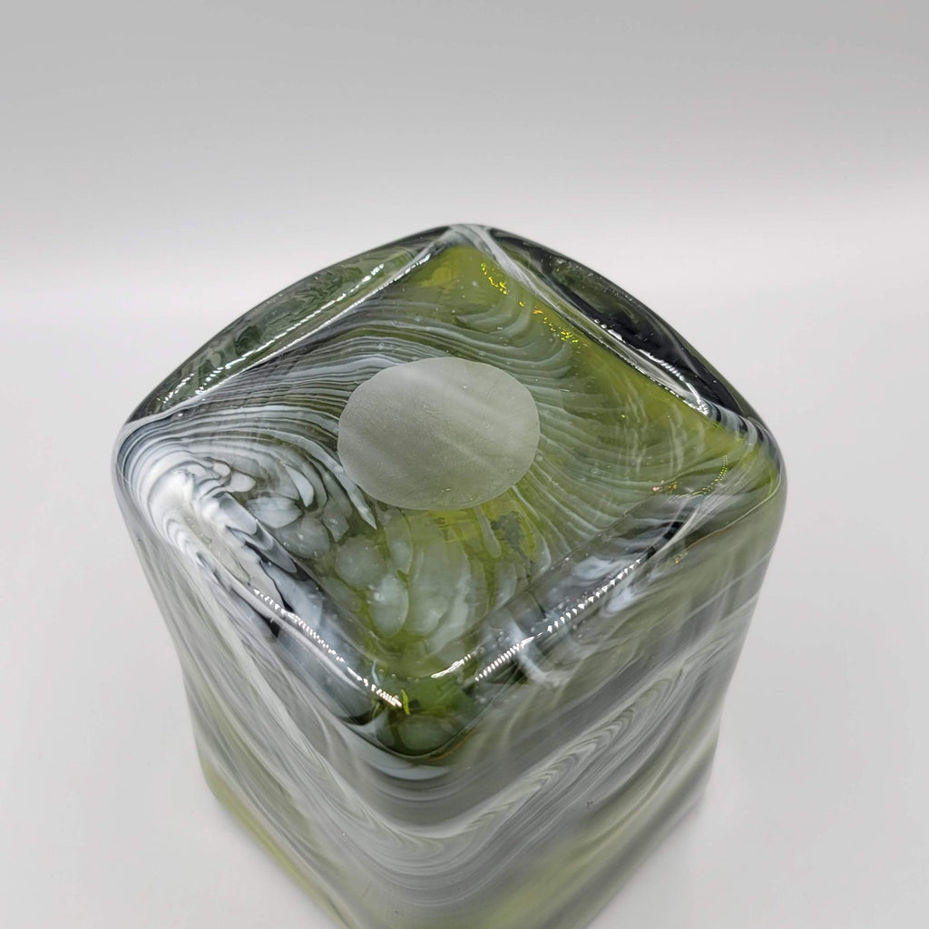 Green White Art Slag Glass Vase Rectangle Square 5 in x 4 in