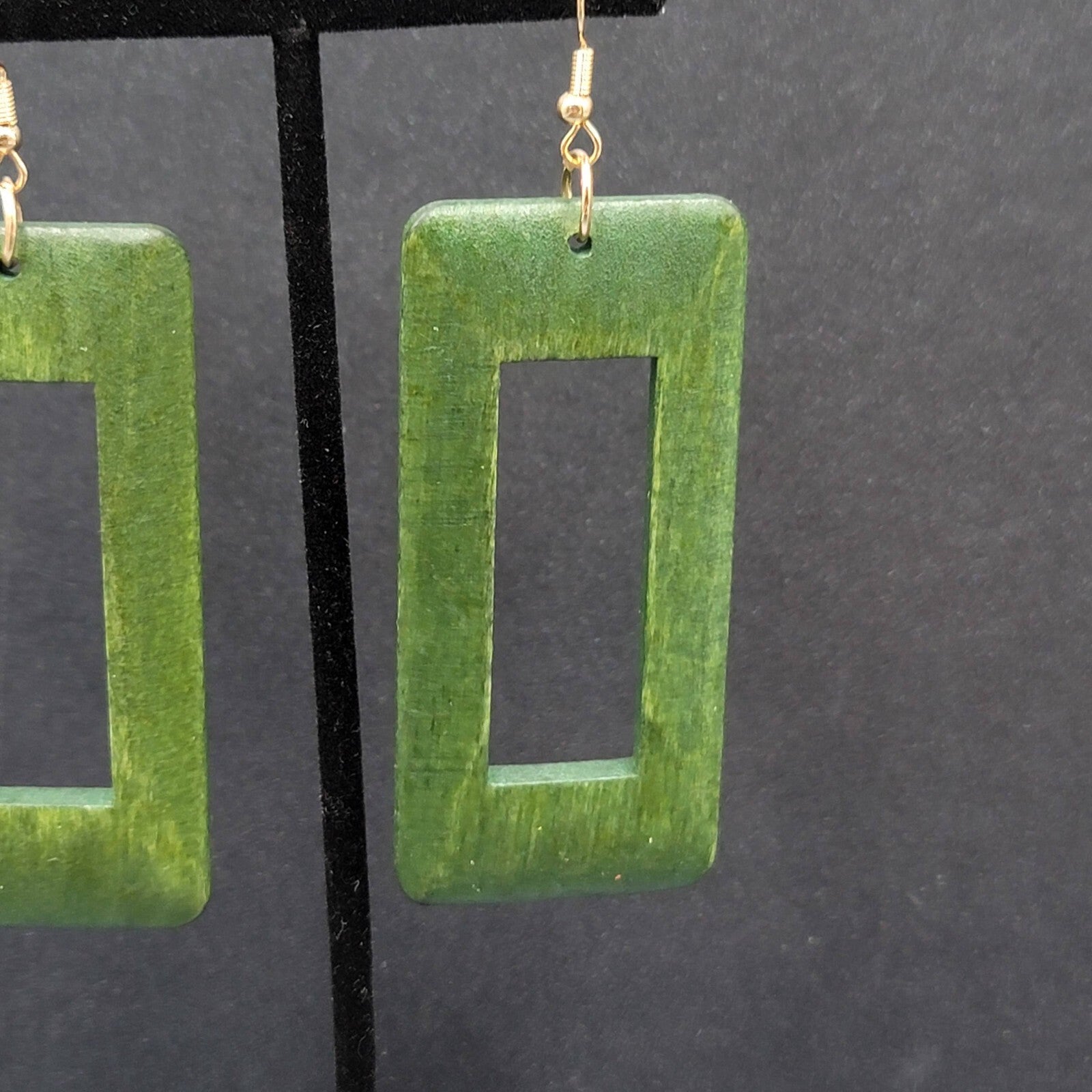 Pierced Earrings Large Green Wood Rectangle Statement Dangle 2.75"