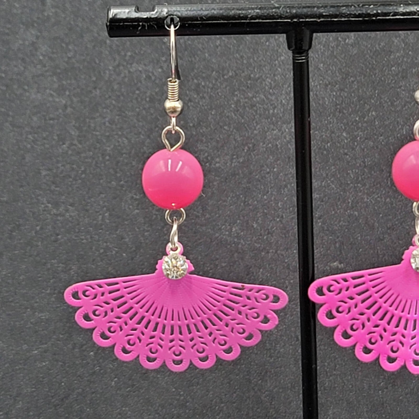 Pierced Earrings Hot Pink Enamel over Metal Fan Bead Dangle 1.75"