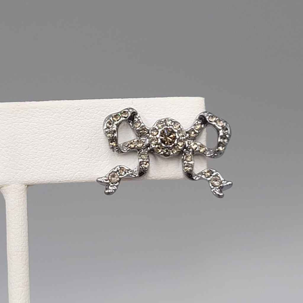 Rhinestone Bow Pierced Earrings Gunmetal Gray Drop 5/8 in