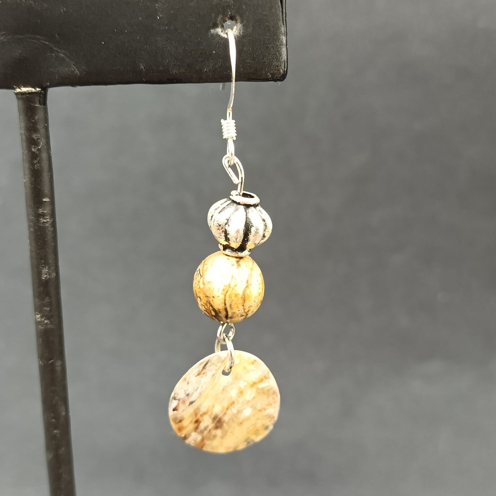 Pierced Earrings Silver tone Beaded Shell Statement Dangle 1 1/2"