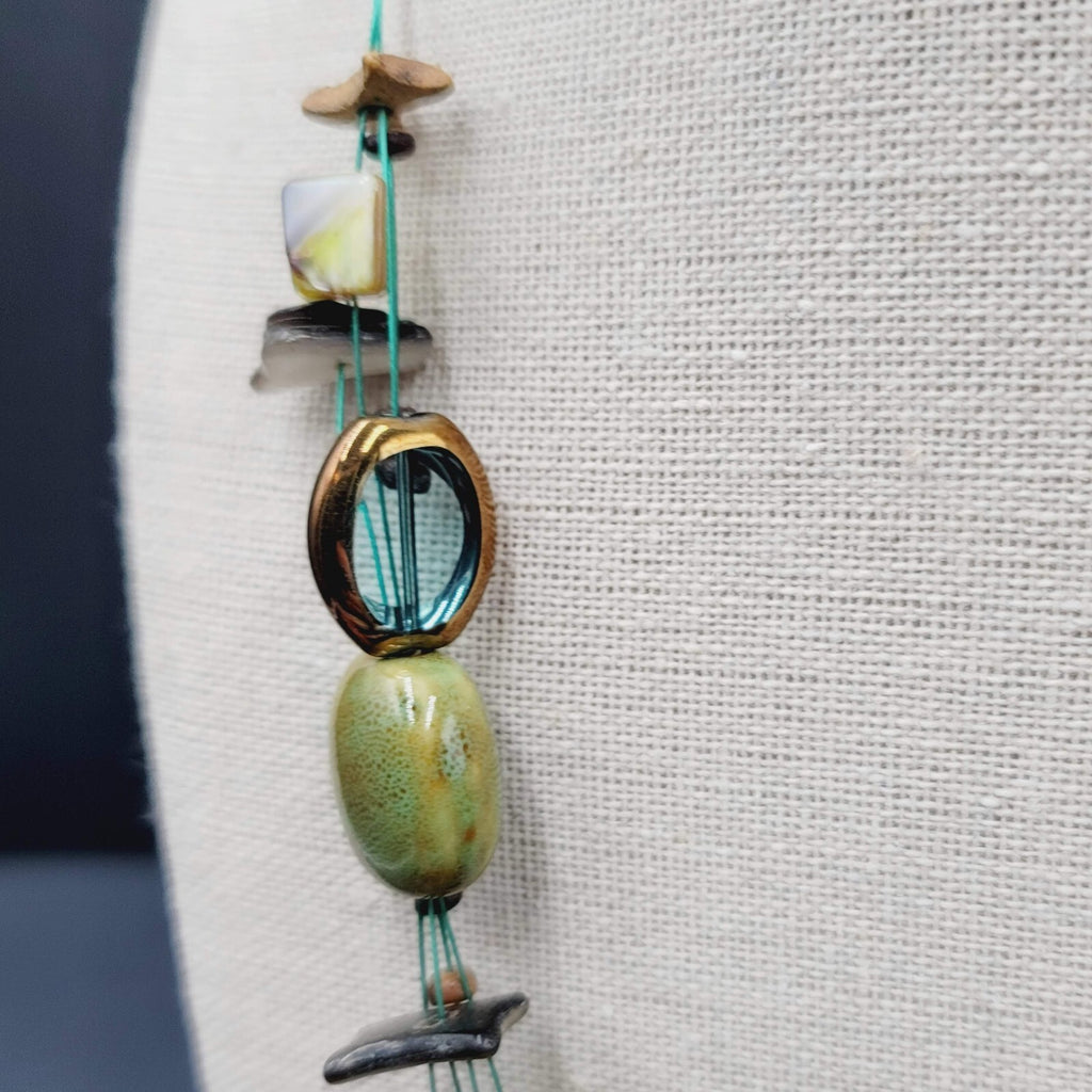 Premier Designs Necklace Green Pottery Beads Blue Thread 18"-21"