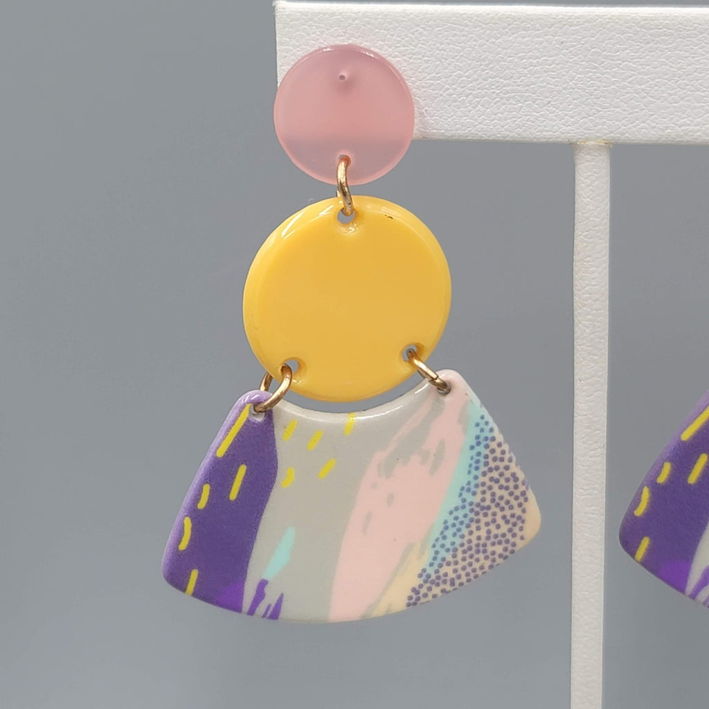 Yellow Pink Pastel Statement Pierced Earrings Large Acrylic Dangle Retro 2.5 in