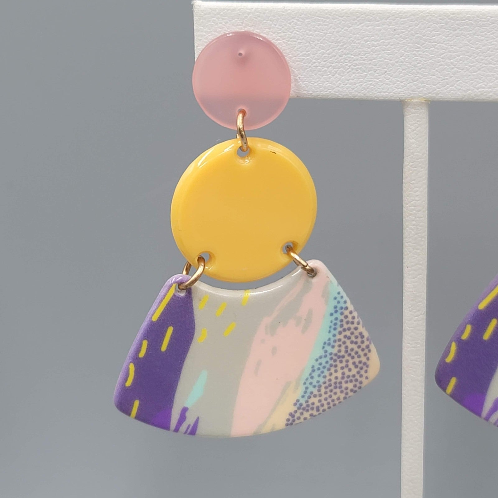 Yellow Pink Pastel Statement Pierced Earrings Large Acrylic Dangle Retro 2.5 in