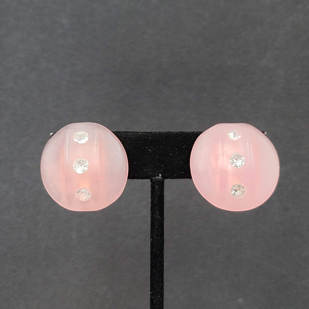Vintage Clip on Earrings Pink Translucent Acrylic Rhinestone Dome 1"