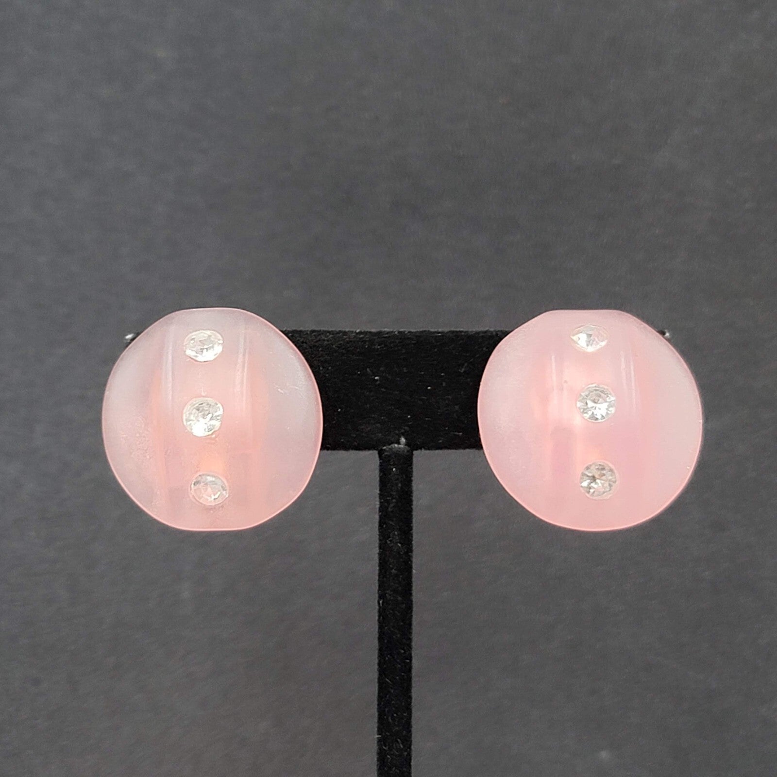 Vintage Clip on Earrings Pink Translucent Acrylic Rhinestone Dome 1"