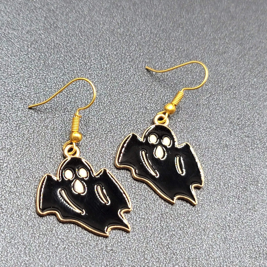 New Black Ghost Halloween Pierced Earrings Gold tone Enamel Dangle 1"