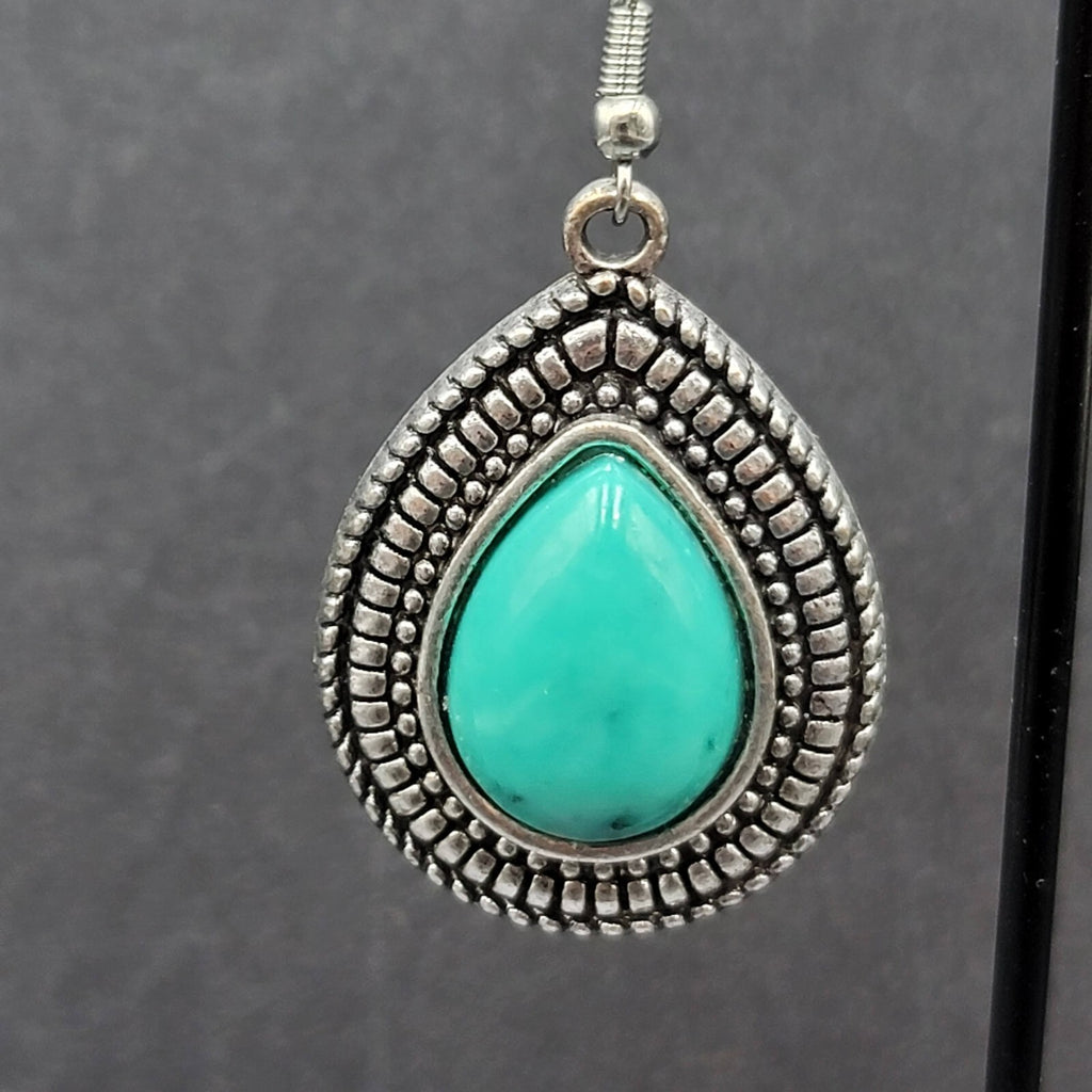 Pierced Earrings Silver tone Faux Resin Turquoise Blue Teardrop Dangle 1 3/8"
