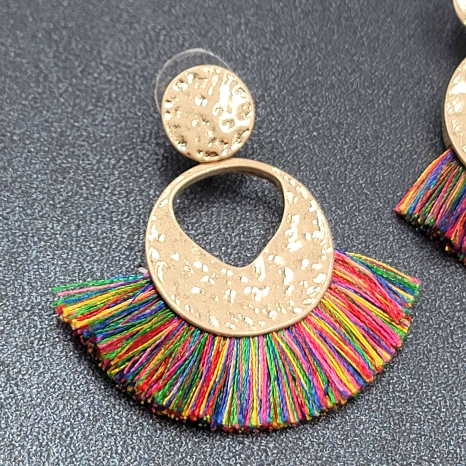Pierced Earrings Gold tone Multicolor Tassel Boho 1.75"