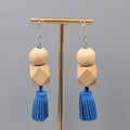 Statement Wood Bead Pierced Earrings Blue Tassel Boho Dangle Long Large 3.25"