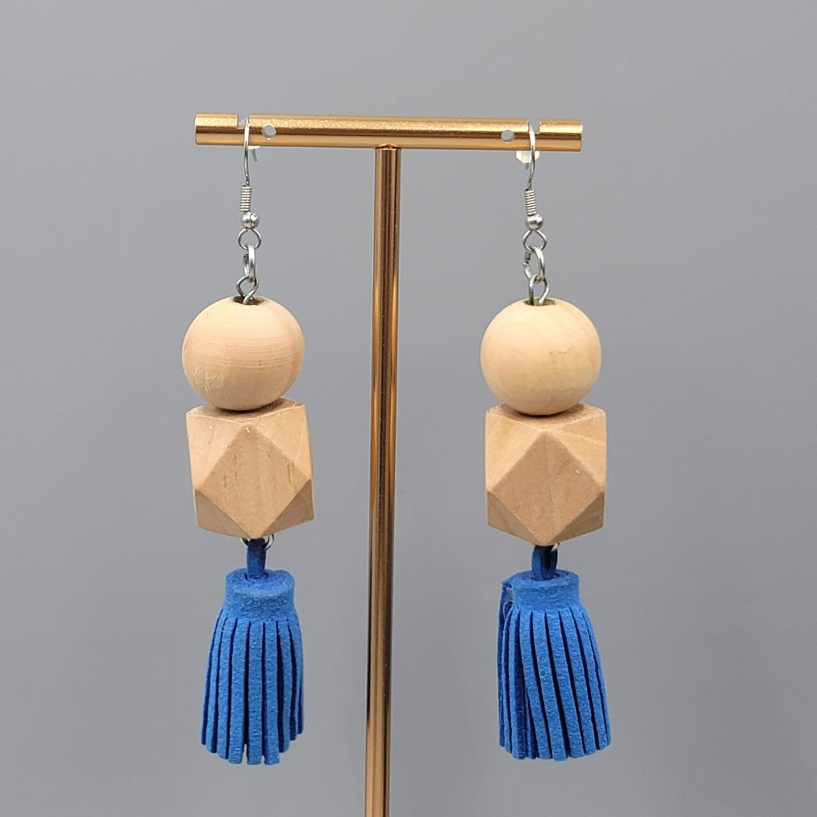 Statement Wood Bead Pierced Earrings Blue Tassel Boho Dangle Long Large 3.25"