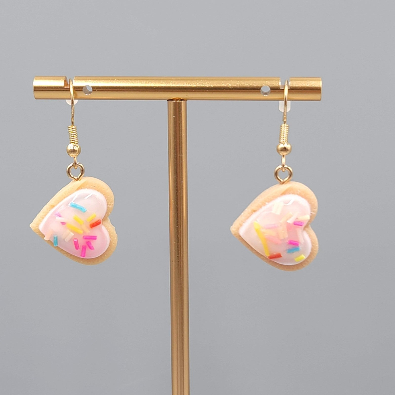 Heart Cookie Dangle Pierced Earrings Pink Frosting Sprinkles Gold tone Hook 7/8"