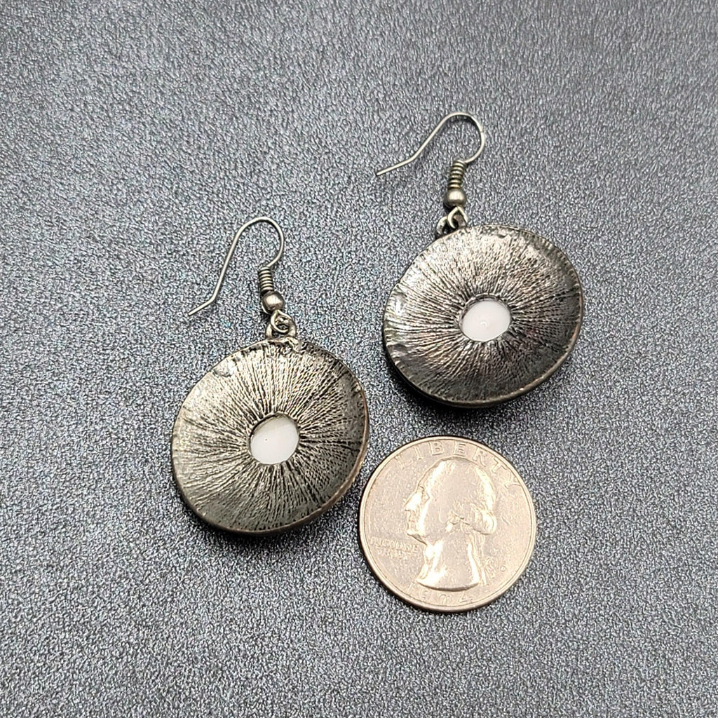 Pierced Earrings Silver tone Medallion Dangle White Center Accent  1"