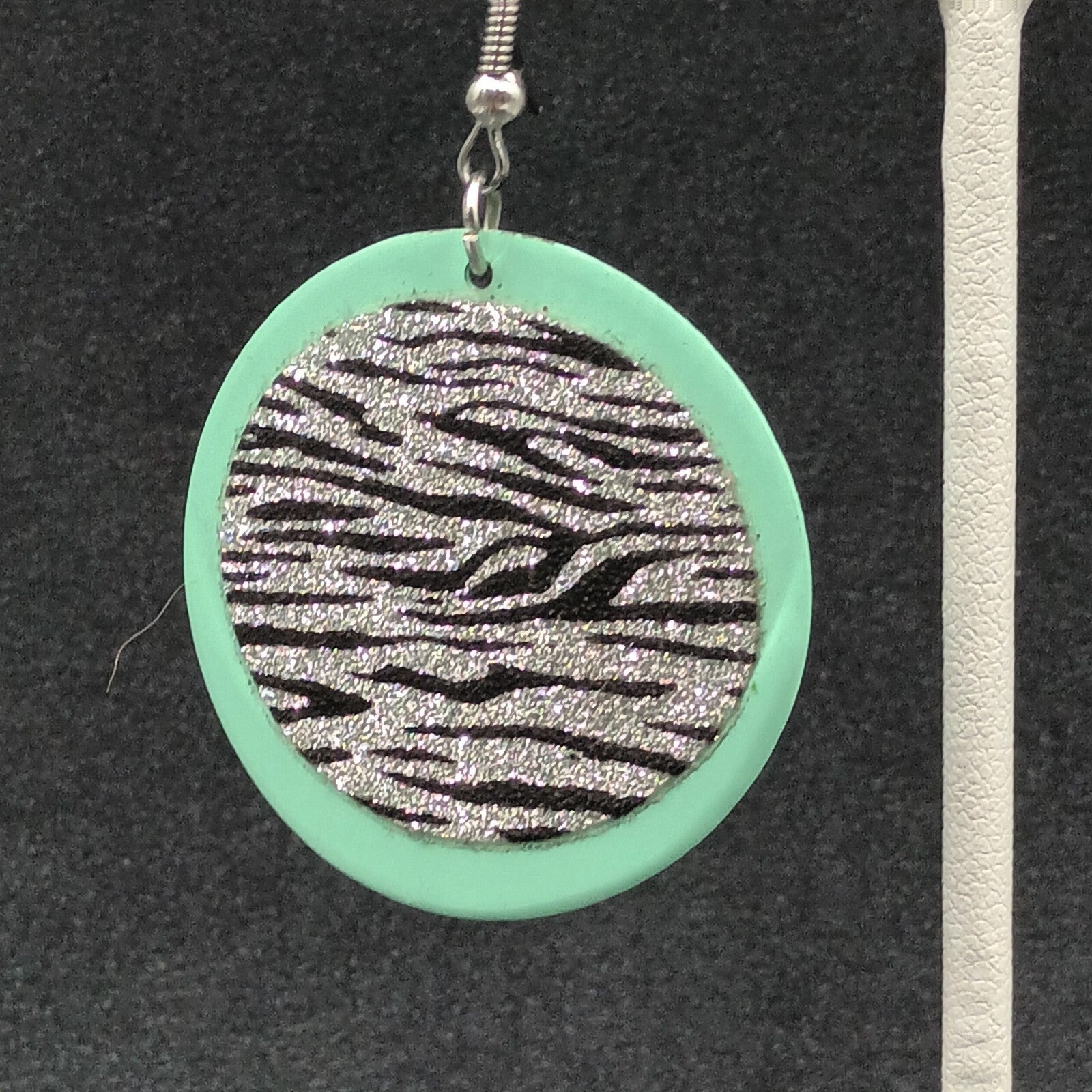 Pierced Earrings Seafoam Sparkle Zebra Print Enamel Round Dangle 1 1/2"