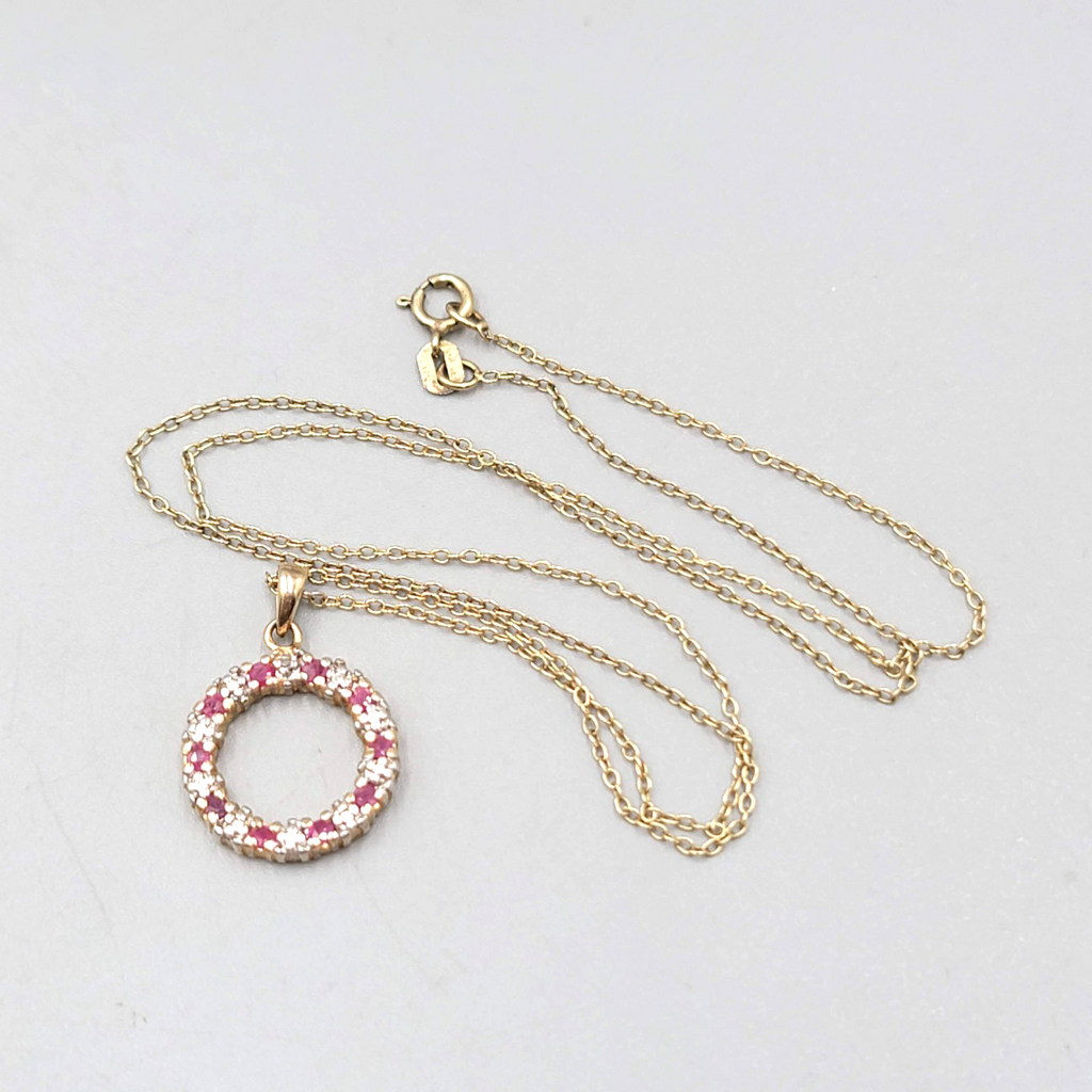 Gold Plated Sterling Silver Open Circle Pendant Diamond Ruby Chips Necklace 18"