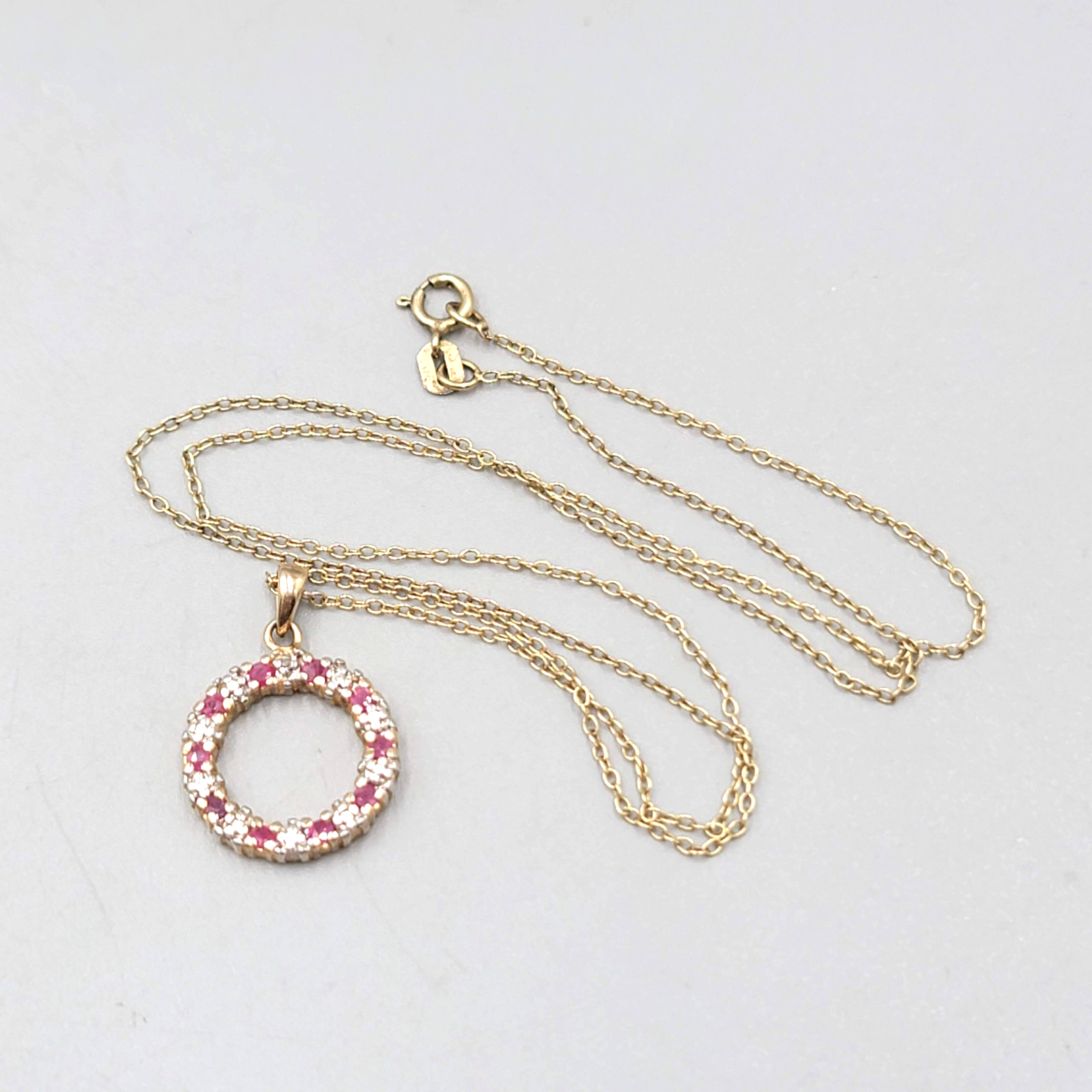 Gold Plated Sterling Silver Open Circle Pendant Diamond Ruby Chips Necklace 18"
