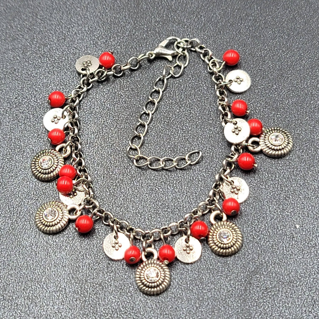 Red Bead Bracelet Silver tone Rhinestone Dangle Adj. 7"-9.5"