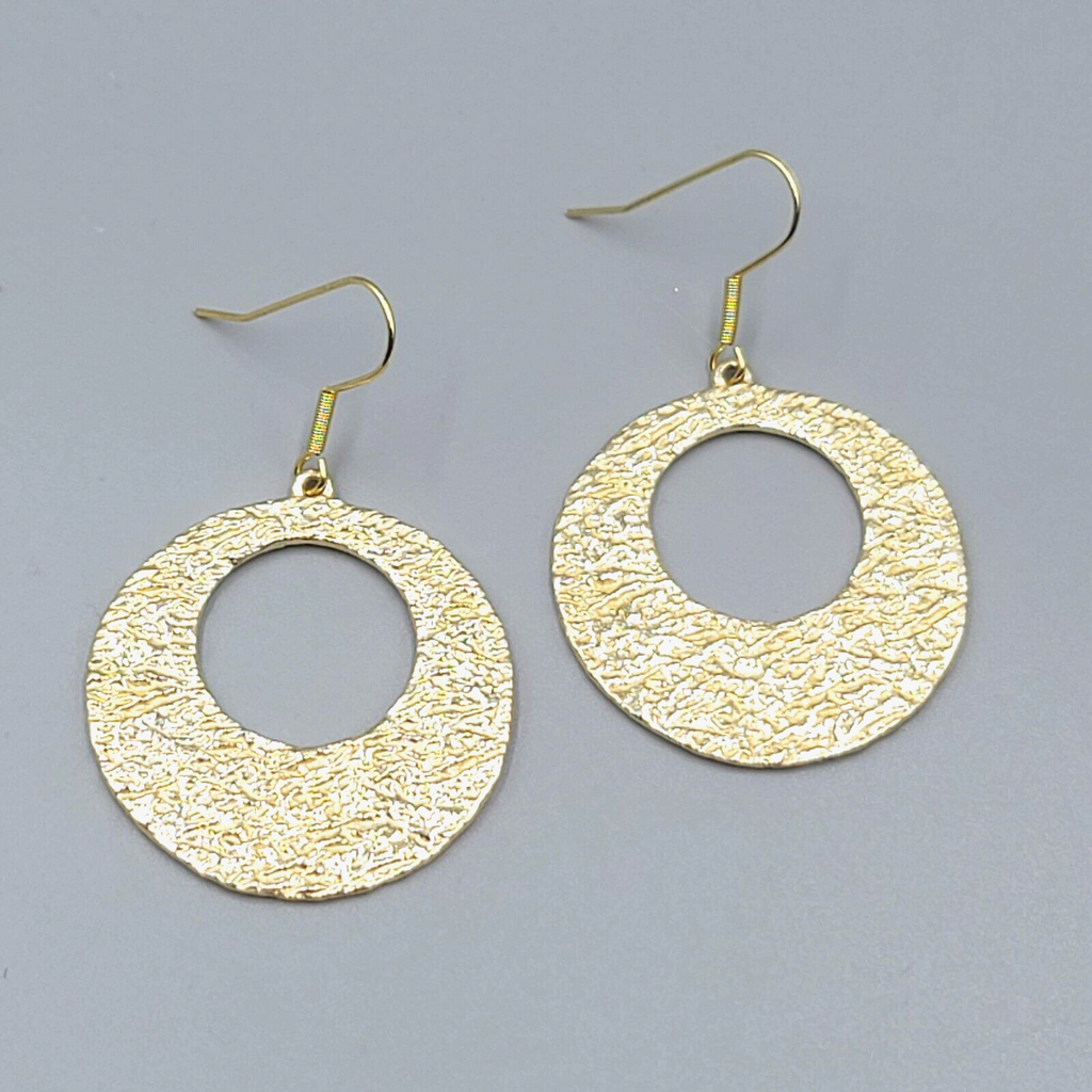 Pierced Earrings Gold tone Hoops Dangle Nugget Embossed Design 1.5"