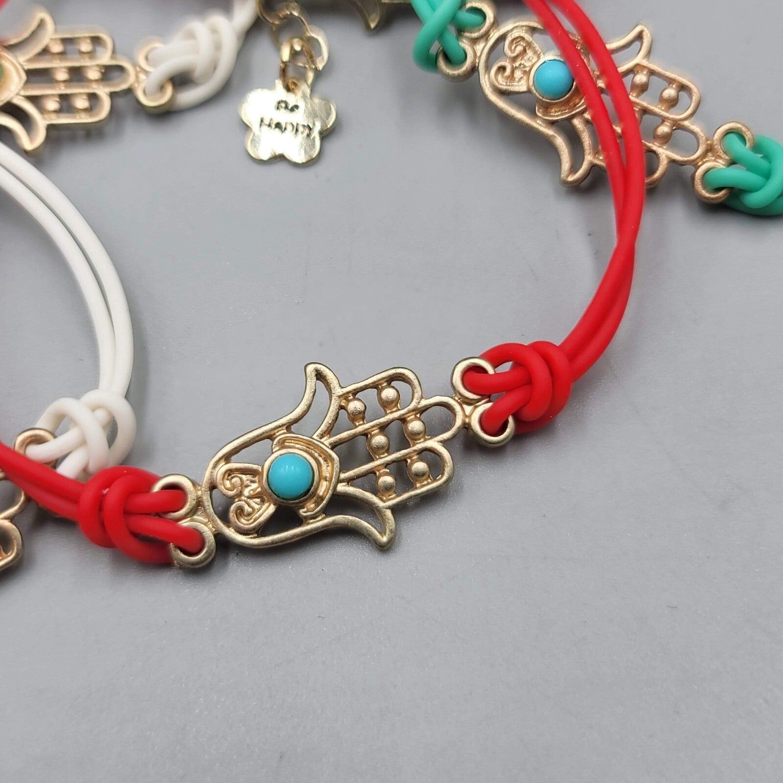 Hamsa Bracelet Lot of 6 Gold tone Multi color Cords Adj Closure Small