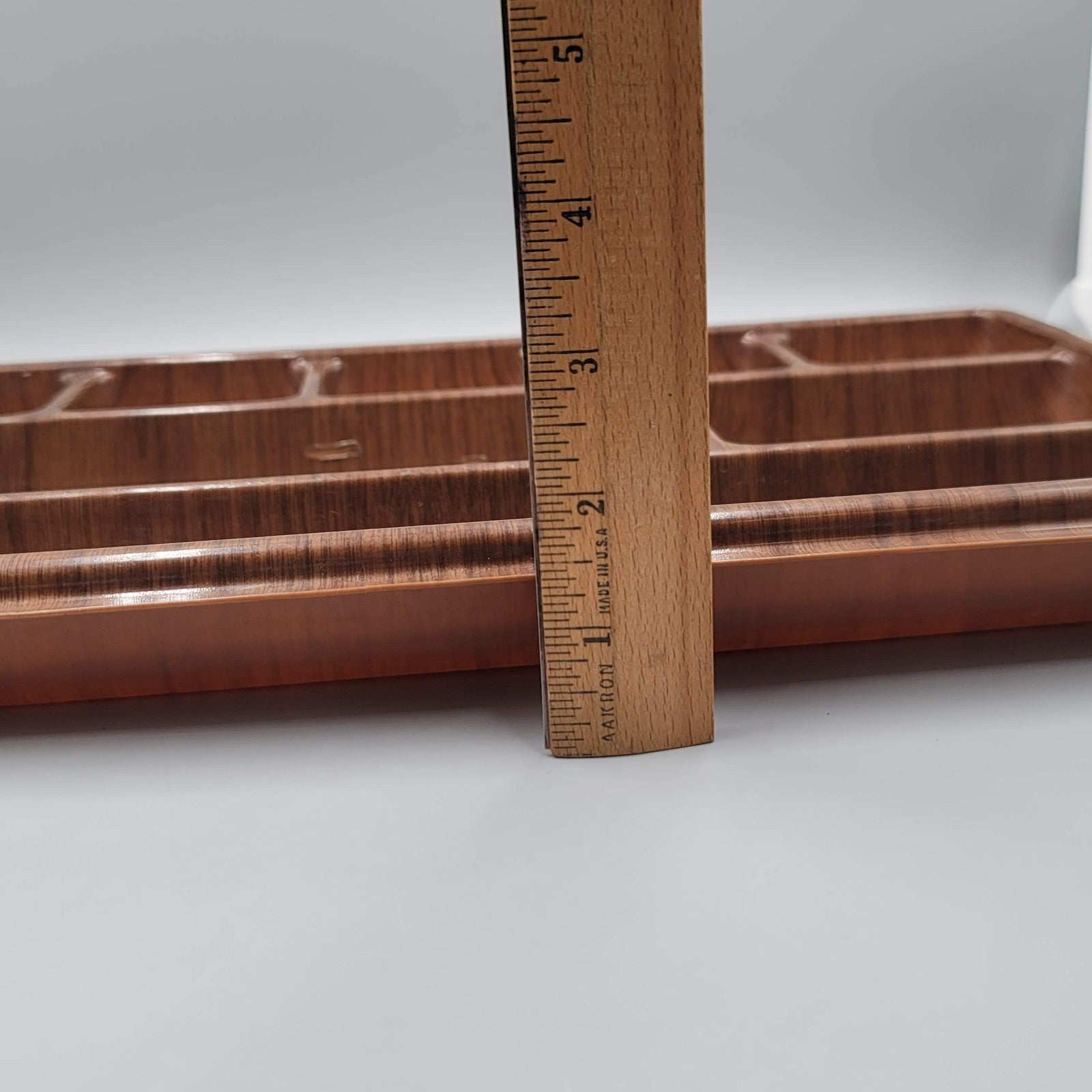 Vtg MCM Max Klein Desk Drawer Organizer Tray Brown Plastic Wood Grain 16" x 9.5”