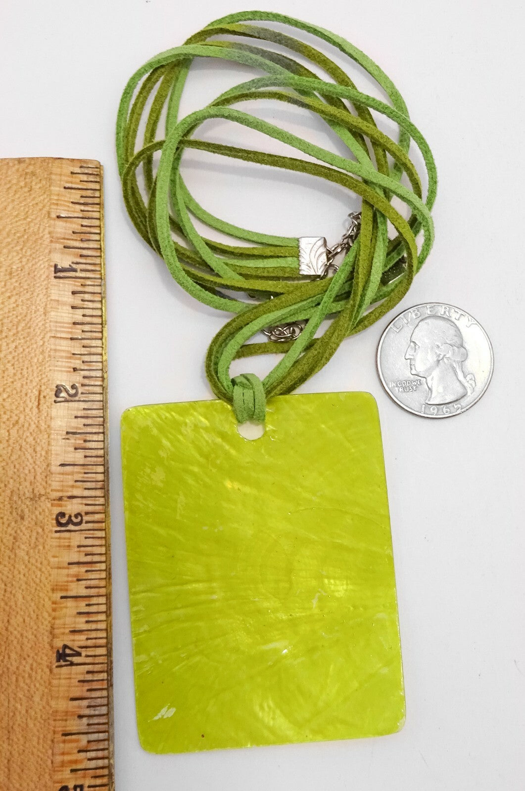 Green Leather Necklace w/ Large Shell Pendant Boho Hippie 16" - 19"