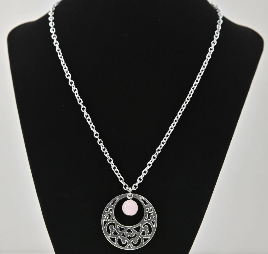 Pendant Necklace Signed LBVYR Pink Quartz Dangle Silver Round Filigree Open  20"