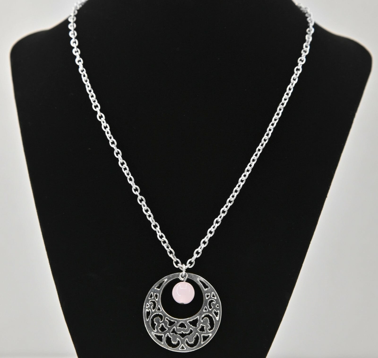 Pendant Necklace Signed LBVYR Pink Quartz Dangle Silver Round Filigree Open  20"