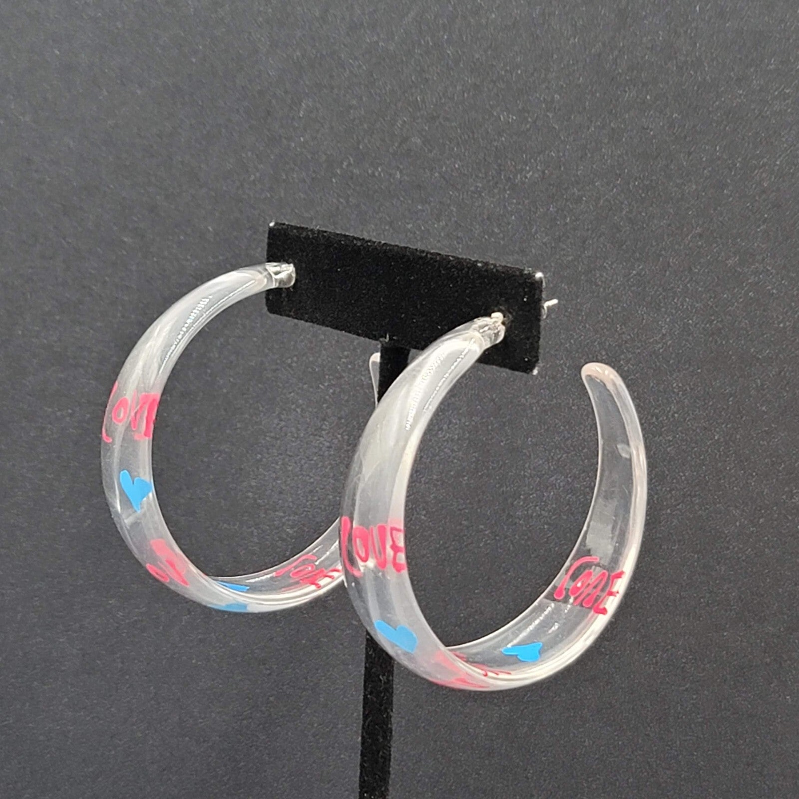 Pierced Earrings Clear Acrylic Large Hoops LOVE HEARTS 2"