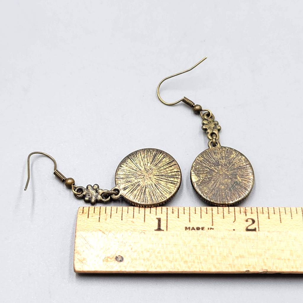 Orange Cabochon Pierced Earrings Bronze tone Dangle Round 1 1/8 in