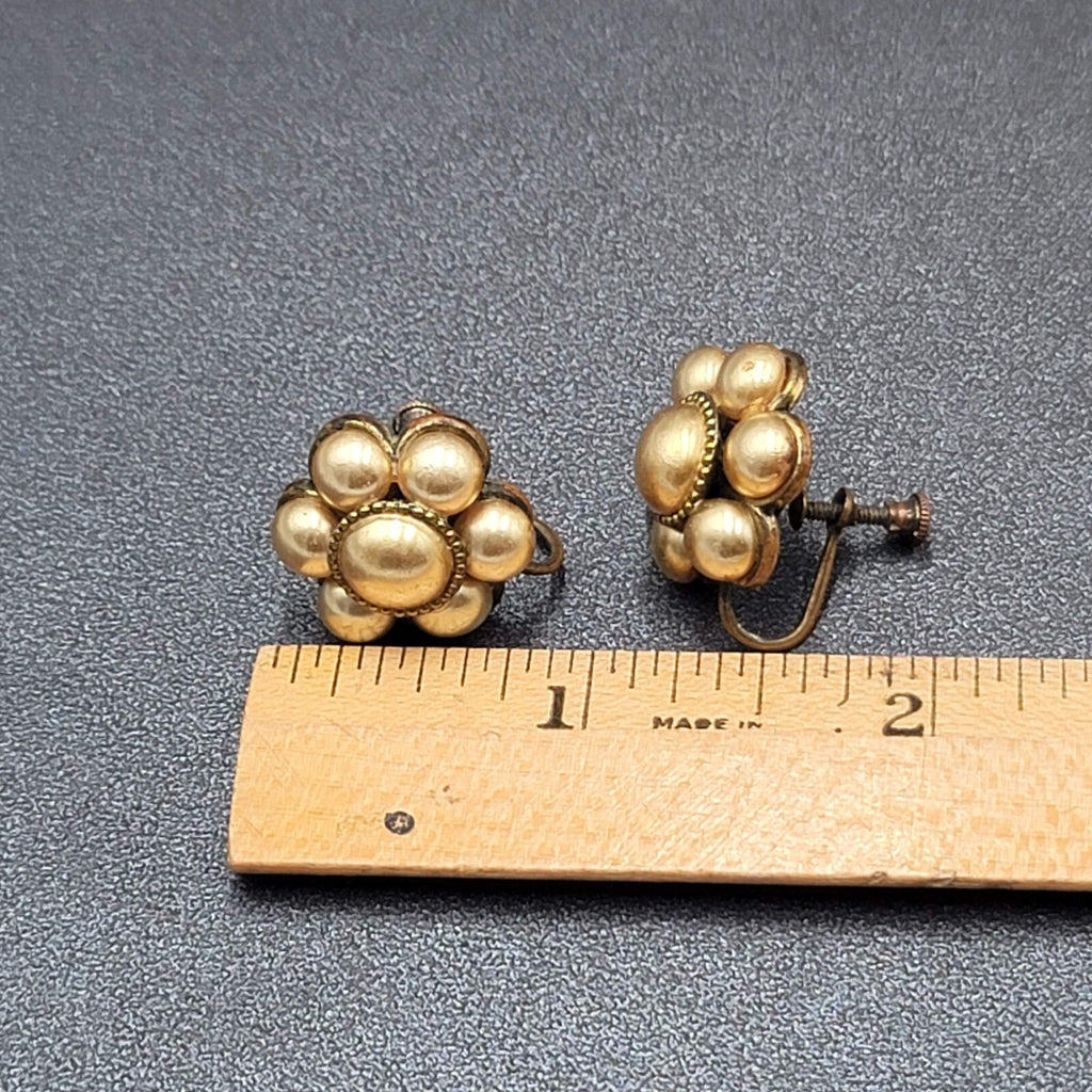 Vintage Clip on Earrings Bronze tone Gold Bead Flower Screw Back Studs 3/4"