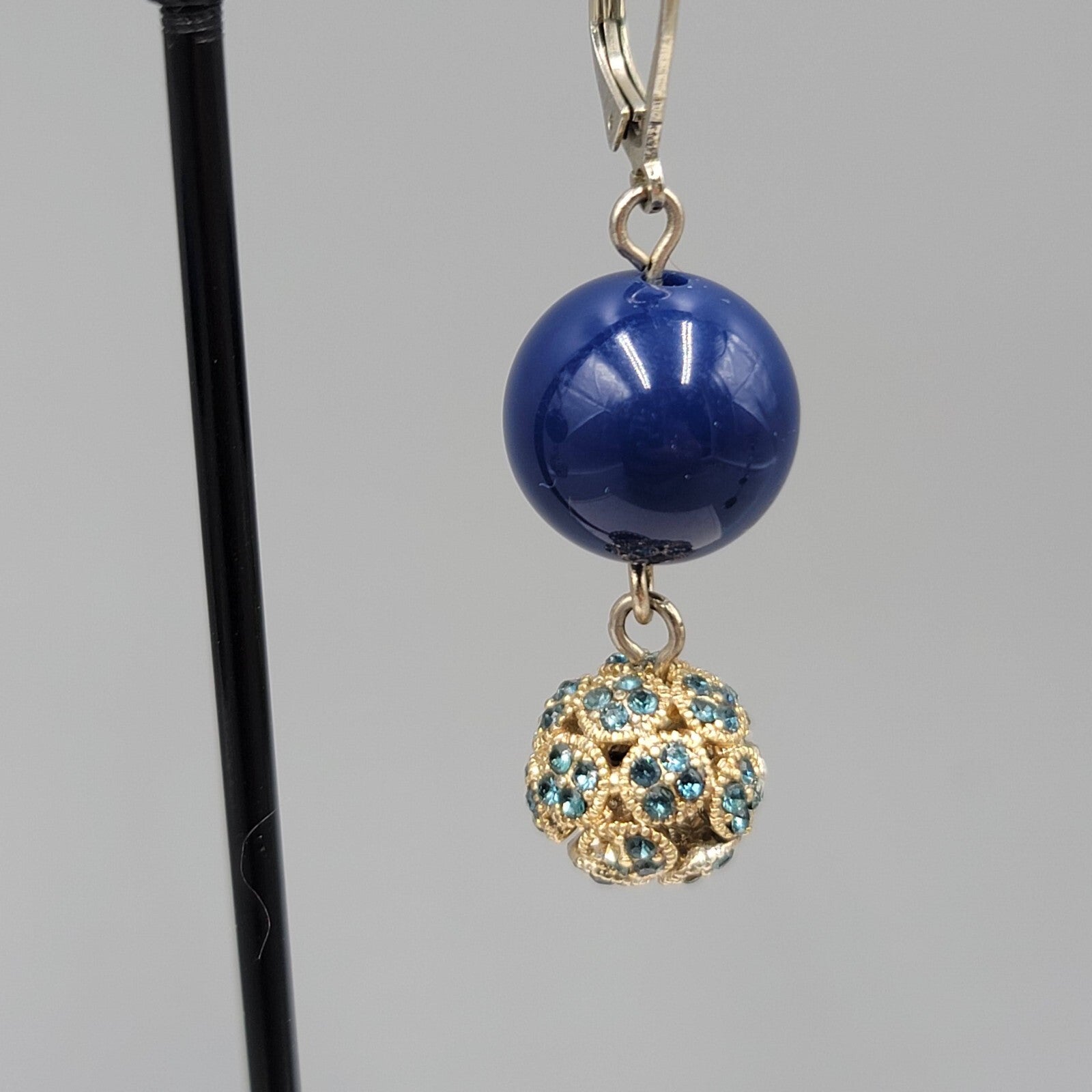 Blue Rhinestone Bead Pierced Earrings Dangle 1 3/8"