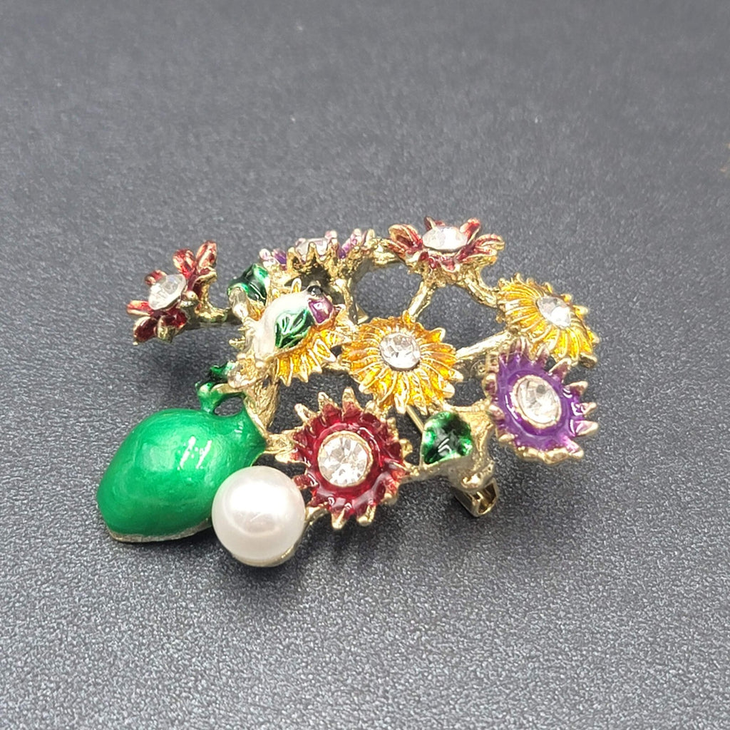 Crystal Rhinestone Flower Bouquet Brooch Pendant Green Enamel Multicolor 2.25"