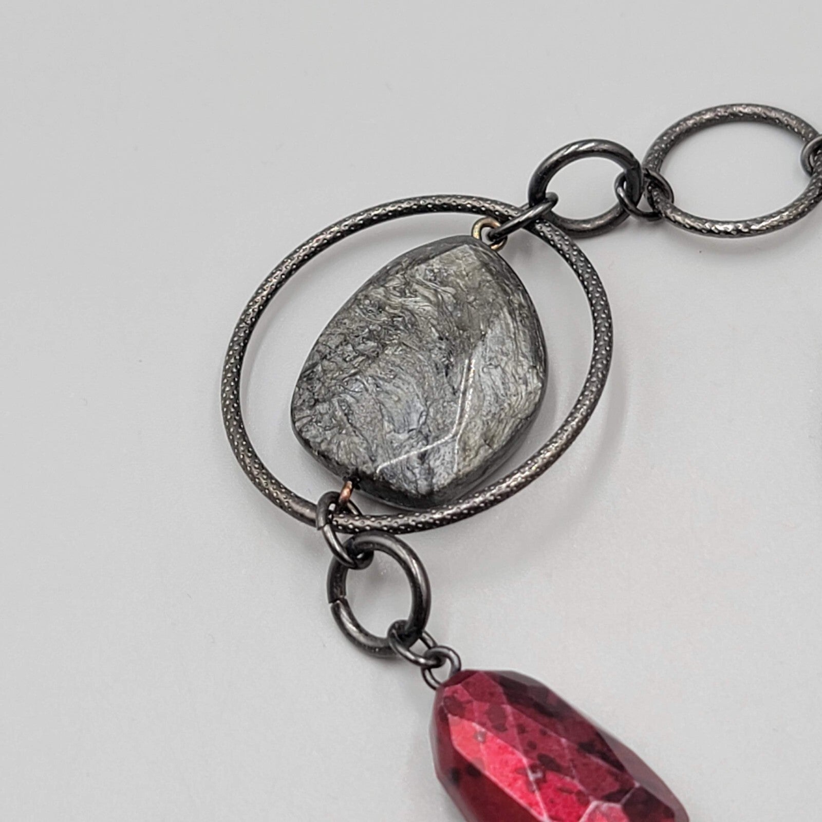NY Necklace Black Metal Red Gray Bead Statement Long 36"+