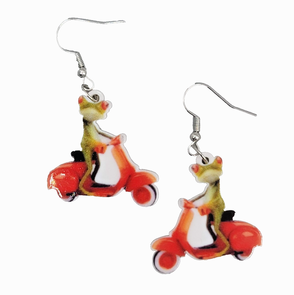 Lizard on a Scooter Pierced Earrings Silver tone Dangle  1.25 in