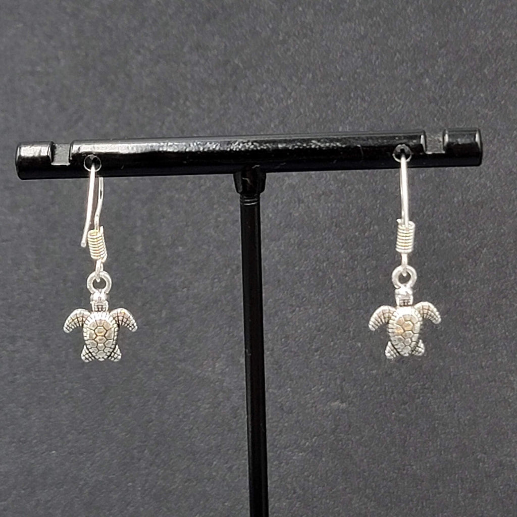 Pierced Earrings Miniature Baby Sea Turtle Dainty Dangle Silver tone  1/2"