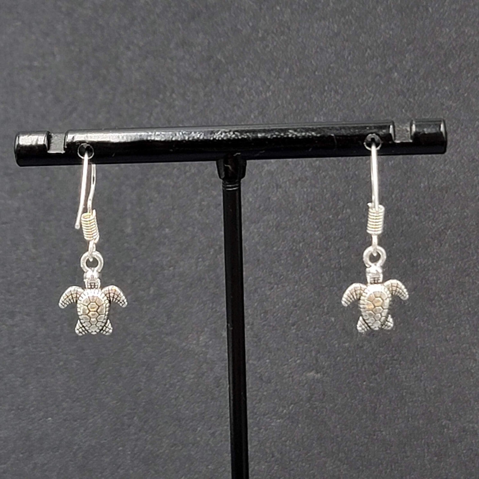 Pierced Earrings Miniature Baby Sea Turtle Dainty Dangle Silver tone  1/2"