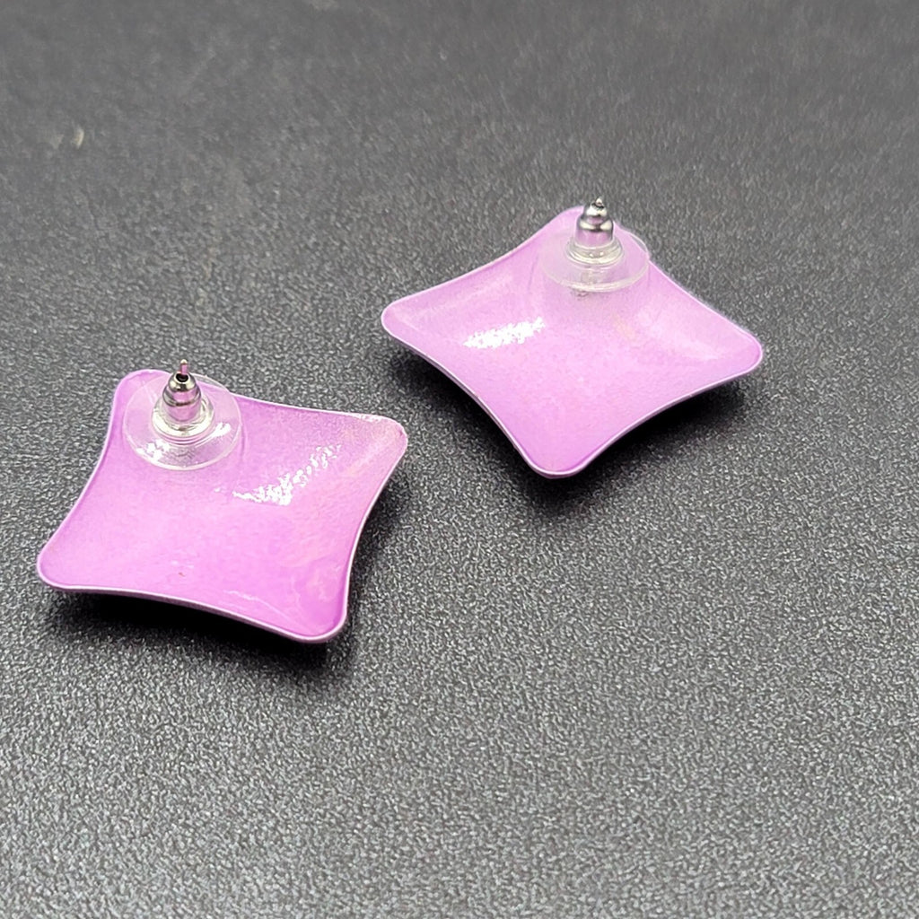 Vintage Pierced Earrings 80s Geometic Purple Enamel over Metal Drop 1 3/8"
