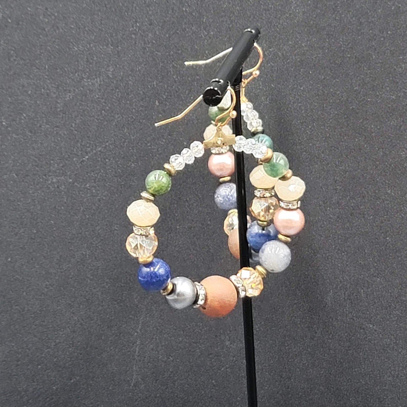 Pierced Earrings Multicolor Stones and Beads Large Hoops 2"