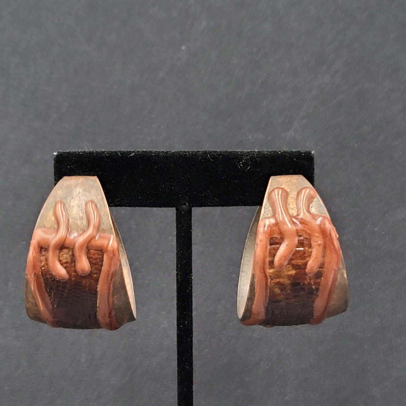 Vintage Pierced Earrings Large Wide Hoops Hand Painted Brown 1.5"