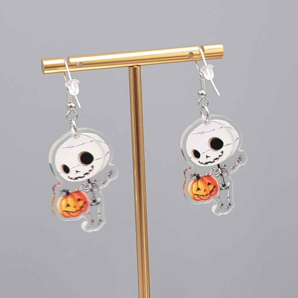 Halloween Skeleton Jack o Lantern Pierced Earrings Silver tone Dangle 1.5 in