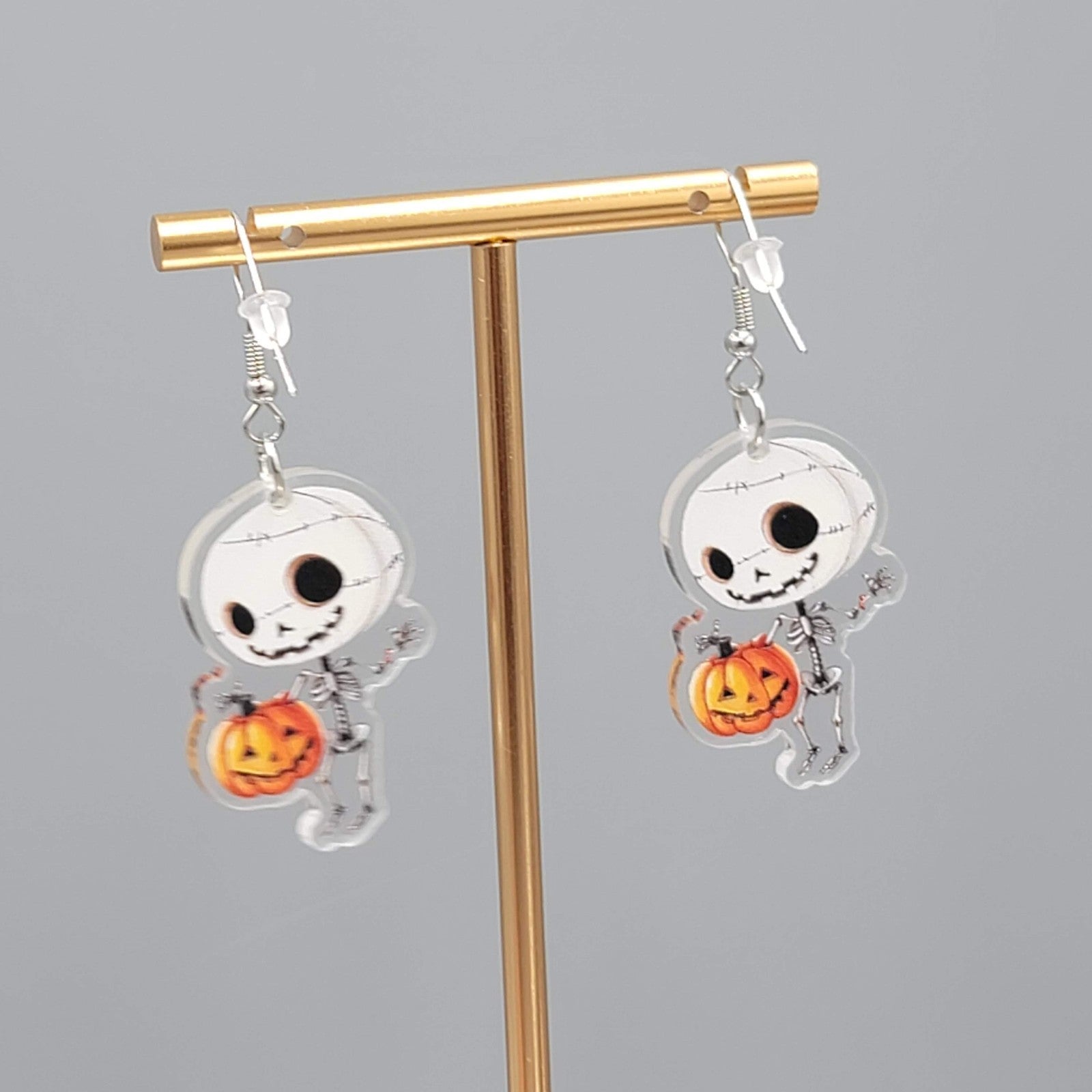 Halloween Skeleton Jack o Lantern Pierced Earrings Silver tone Dangle 1.5 in