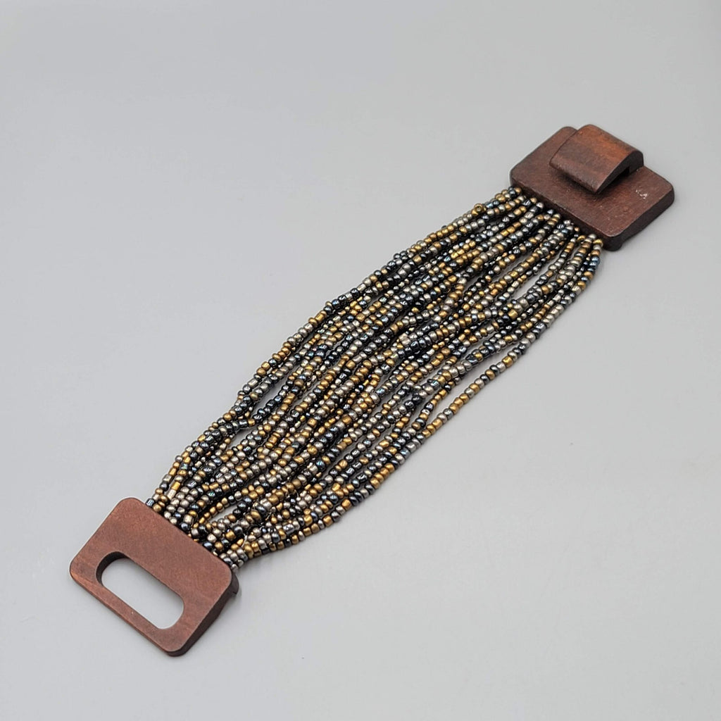 Wood Closure Wide Bracelet Multistrand Seed Bead 7"