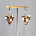 Brown Enamel Checkered Heart Pierced Earrings Gold tone Dangle Large 1.5"