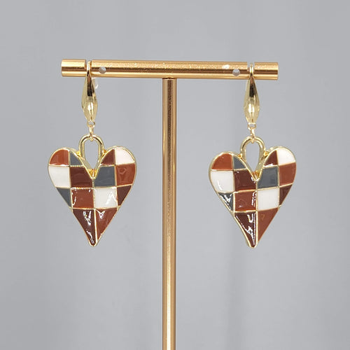 Brown Enamel Checkered Heart Pierced Earrings Gold tone Dangle Large 1.5"