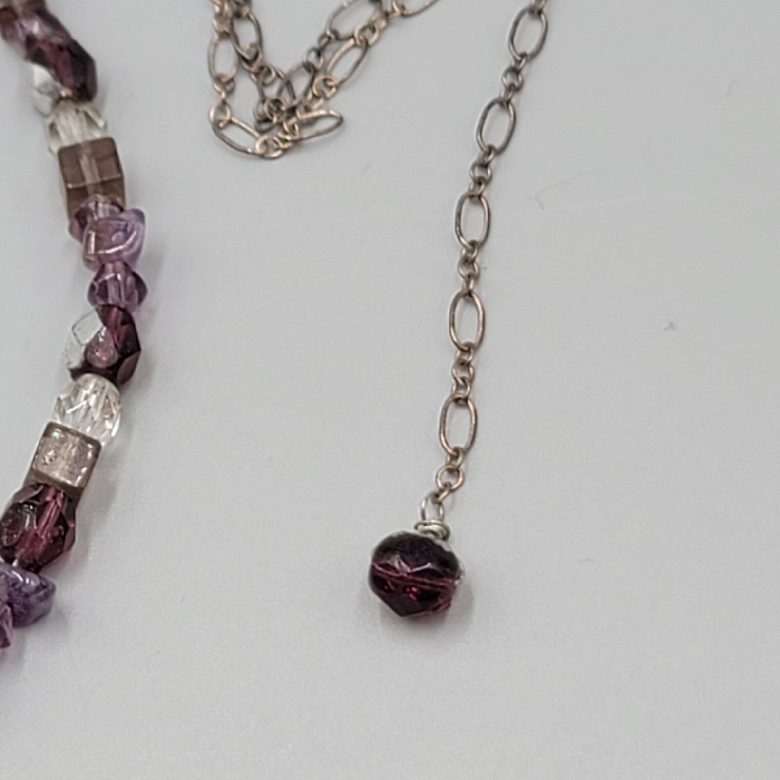 Sterling Silver Necklace Bead Amethyst Y Drop Unique Chain Mother of Pearl 18"